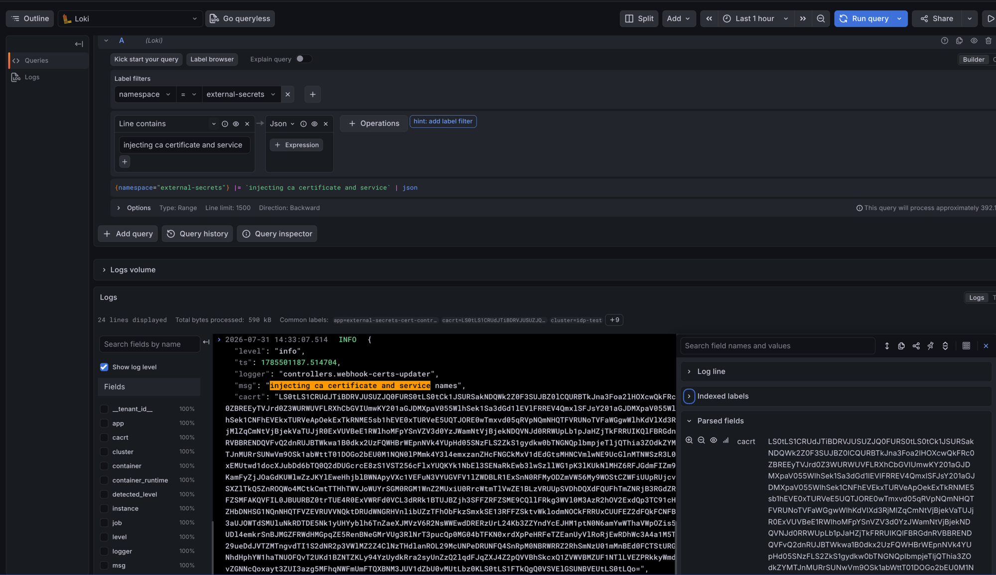 Grafana Explore: a label filter, a Line contains filter and a Json operation, with the resulting log line expanded and its parsed fields listed beside it