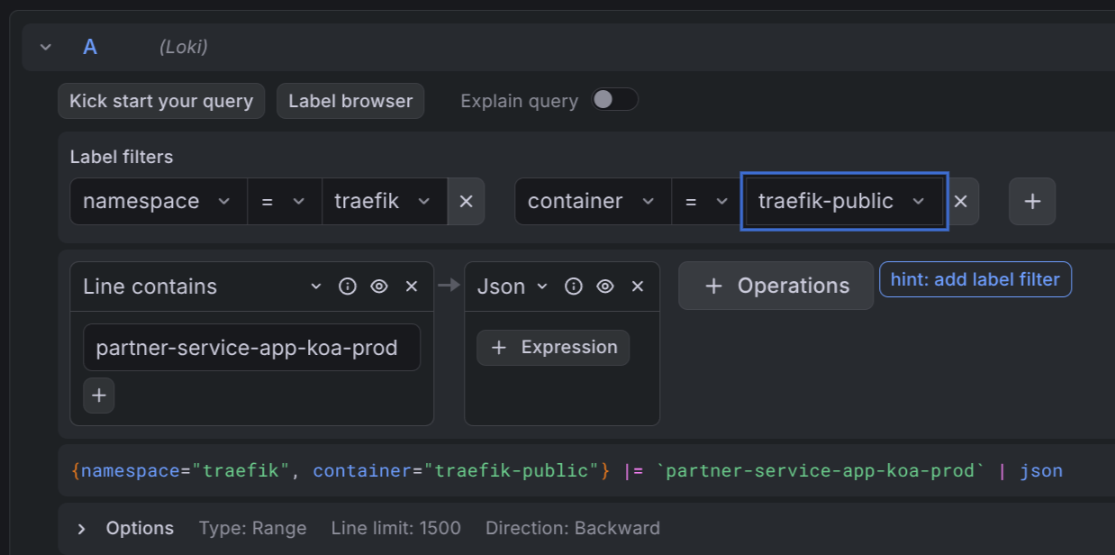 Grafana Explore query builder: label filters, Line contains, Json